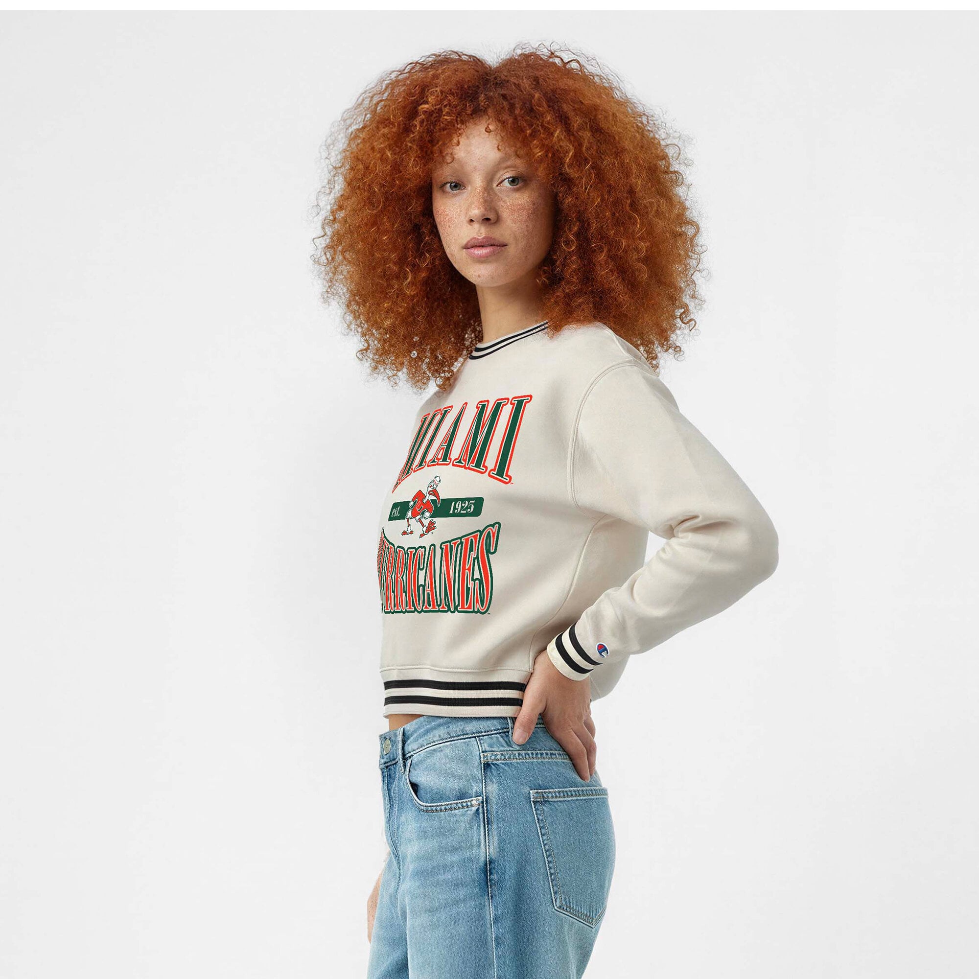 Women's Champion White Miami Hurricanes Yarn Dye Rib Reverse Weave Crew Sweatshirt